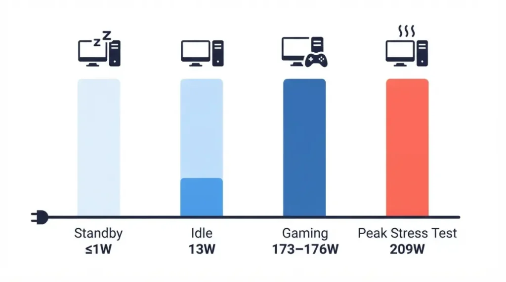 Steam Machine wall power use in standby, idle, gaming, and stress-test states, vector infographic