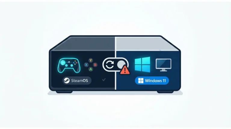 Vector illustration of Steam Machine switching between SteamOS and Windows 11, showing OS choice and trade-offs