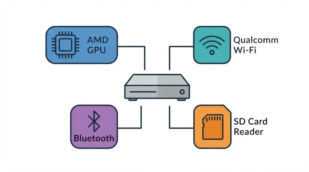 Diagram of Steam Machine with four essential Windows 11 driver components: AMD GPU, Wi‑Fi, Bluetooth, and SD card reader