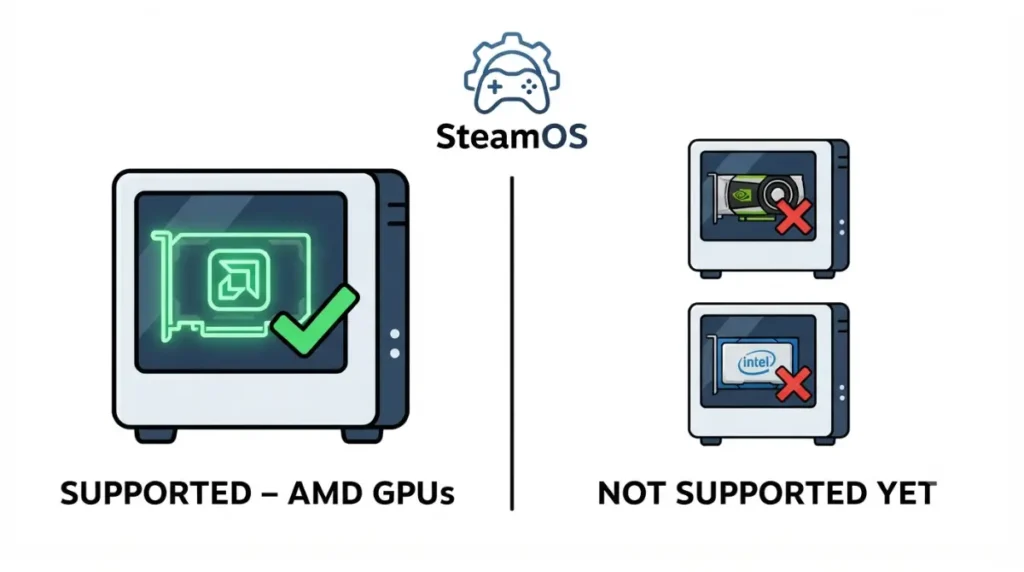 Diagram showing SteamOS supports AMD GPU but not Nvidia or Intel yet