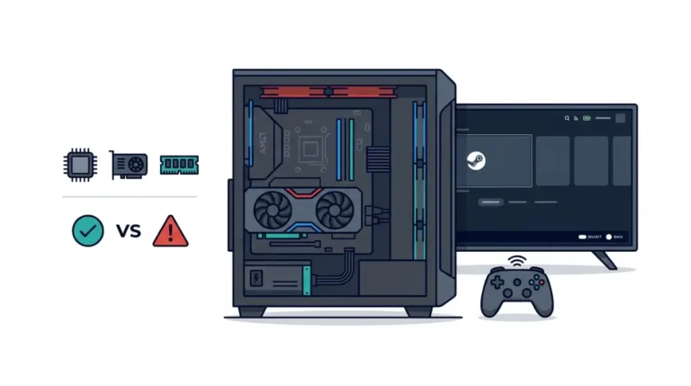 SteamOS compatibility on a custom-built gaming PC with graphics card, TV, and controller