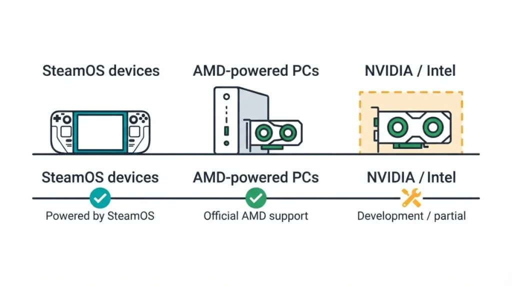 Vector infographic showing SteamOS support levels for SteamOS devices, AMD-powered PCs, and NVIDIA or Intel graphics