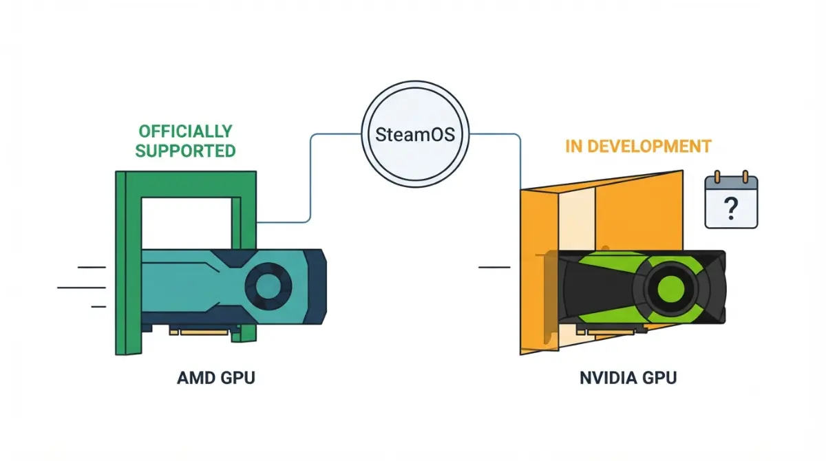 Vector illustration explaining SteamOS NVIDIA GPU support status, with AMD GPUs officially supported and NVIDIA GeForce support still in development