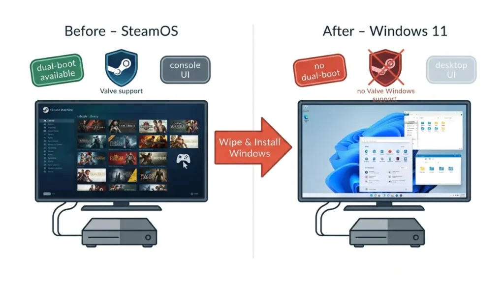 Before and after illustration of Steam Machine changing from SteamOS to Windows 11, highlighting lost features after wipe
