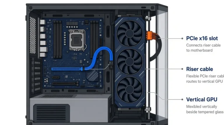 GPU mount diagram showing a graphics card installed vertically with a PCIe riser cable, case bracket, and safely routed power cable.